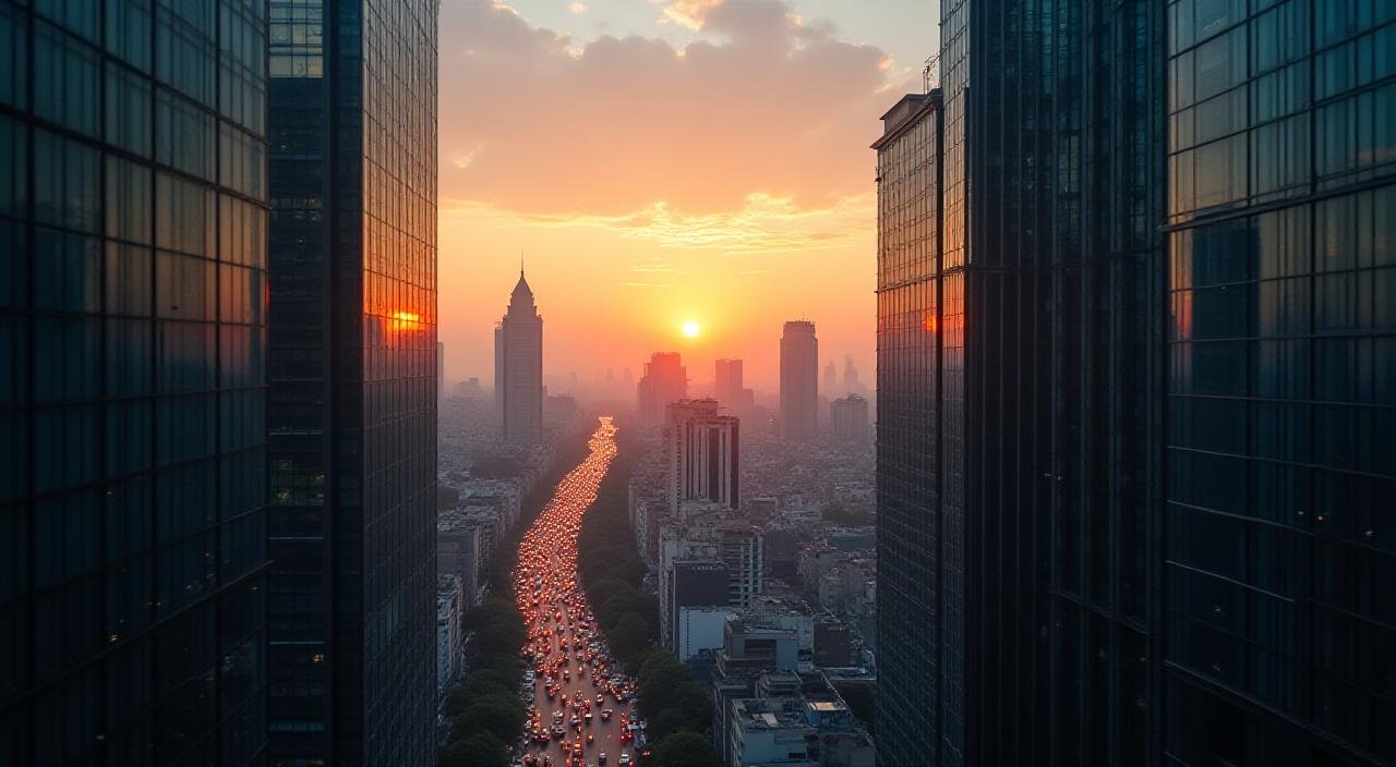 Panoramic view of the Mumbai financial district skyline featuring BSE building, professional atmospheric lighting